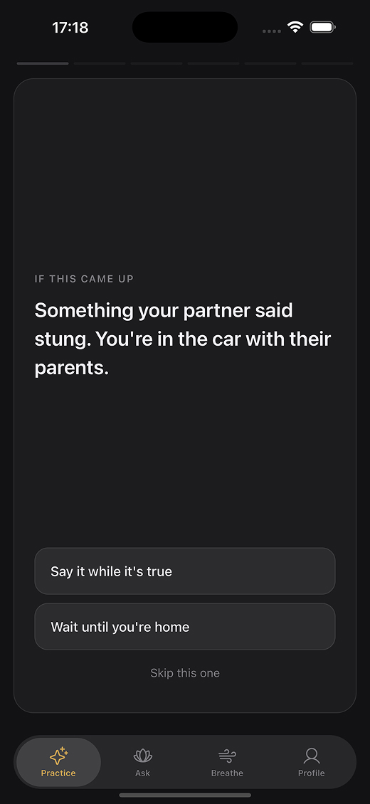 Choose like Buddha app screen asking whether to say something now or wait until you're home, with Practice, Ask, Breathe and Profile tabs